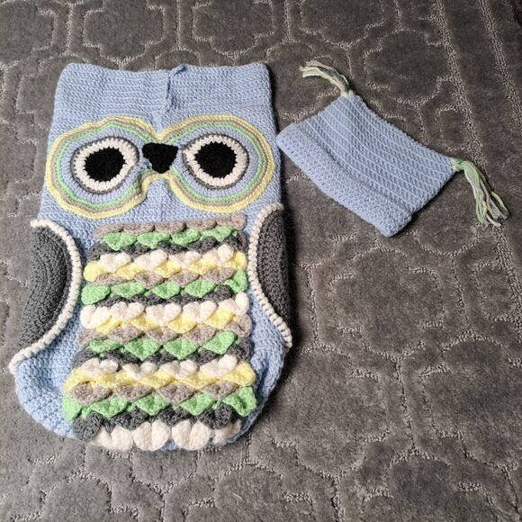 NEWBORN CROCHET OWL BABY COCOON PAPOOSE MATCHING HAT SUPER CUTE CUDDLY HANDMADE - Picture 1 of 11
